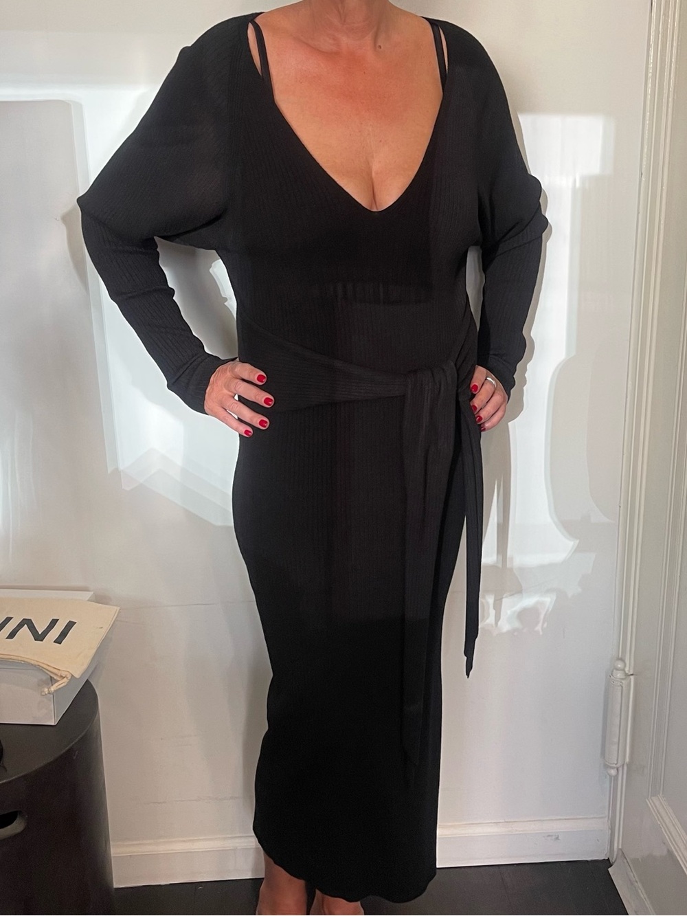 Good American Black Long Sleeve Belted Body-con Dress